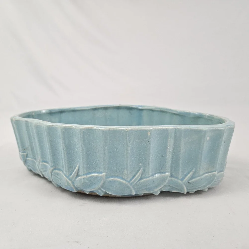 Vintage McCoy Pottery Jardinière Planter Aqua Blue Turquoise Bamboo Leaves 1940 - Picture 2 of 14